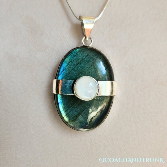 100% ARTISAN Natural Labradorite Moonstone Pendant Sterling Necklace - Picture 3 of 5